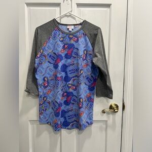 LULAROE Disney Randy 3/4 Sleeve Raglan Blue Gray Womens Top SIZE MEDIUM PreLoved